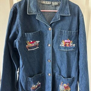 Embroidered Denim Shirt Jacket, Size XL, 4 Pockets, Noah’s Ark, Vintage